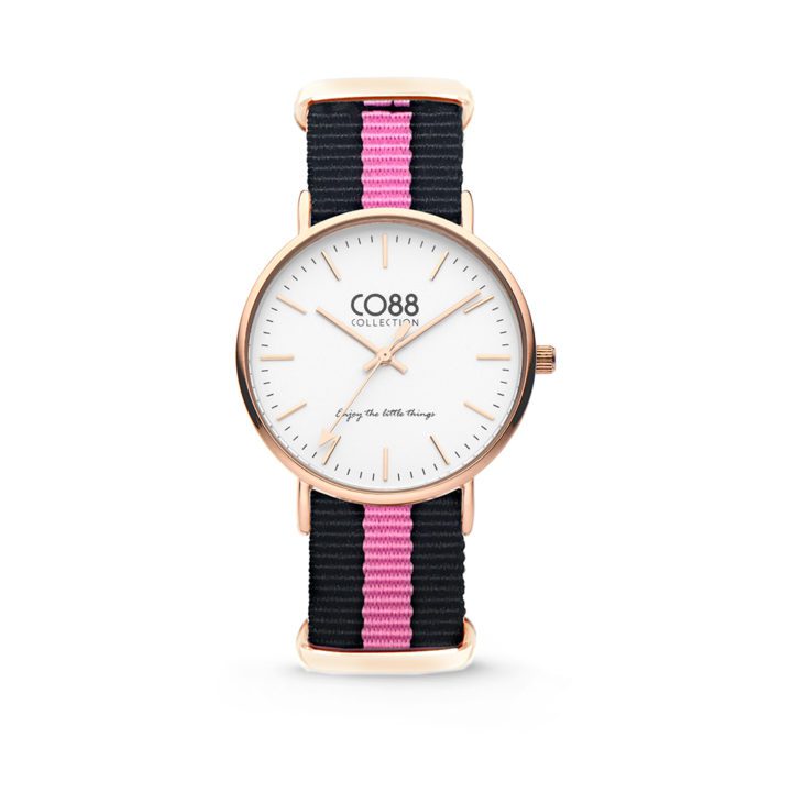 CO88 Horloge staal/nylon rosékleurig/zwart/roze 8CW-10033