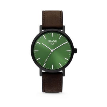 Frank 1967 7FW-0012 – Stalen horloge met lederen band – groen en donkerbruin – Ø 42 mm