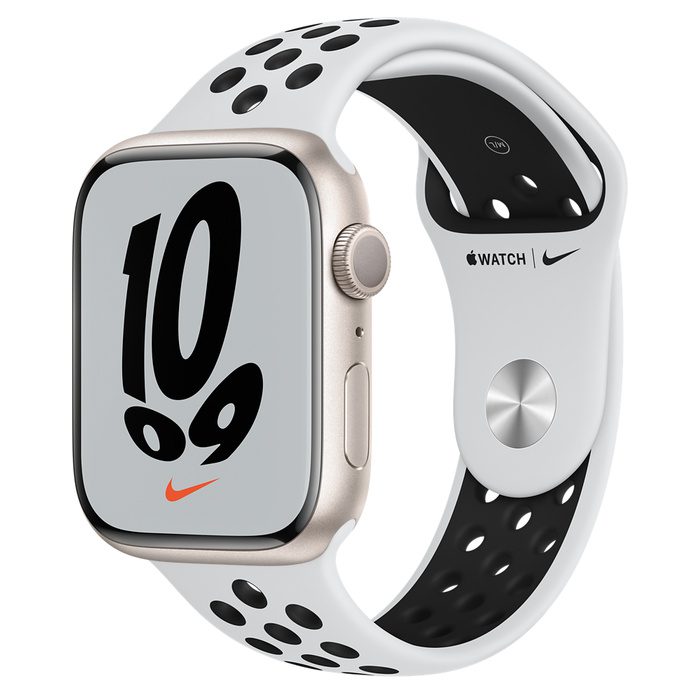 Apple Watch Nike Series 7 GPS 45mm Starlight Aluminum with Nike Pure Plantium/Black Sport Band A2474