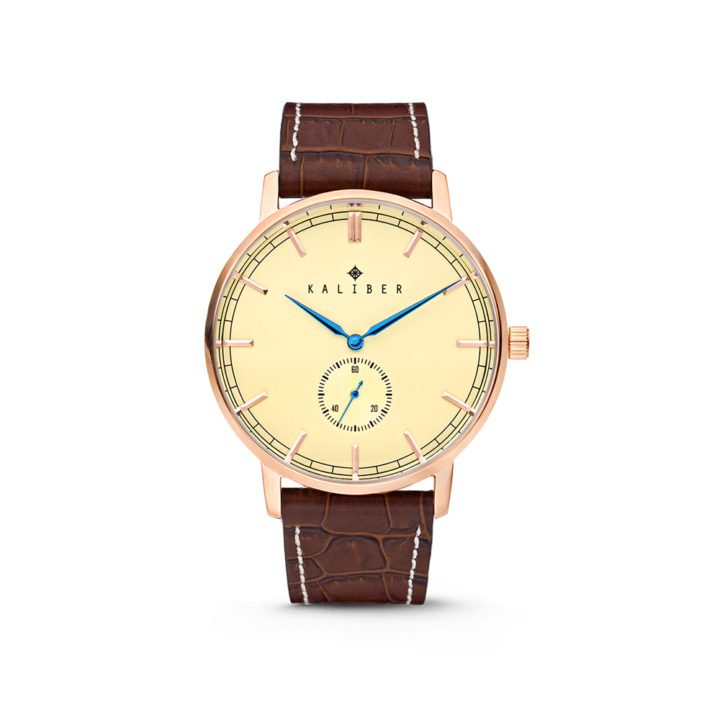 Kaliber 7KW-00003 - Stalen Horloge met Leren Band - Bruin en Rosékleurig - 40 mm