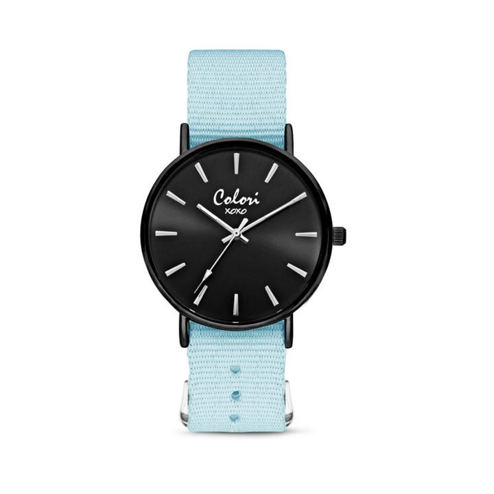 Colori XOXO 5 COL546 Horloge geschenkset met Armband - Nato Band - Ø 36 mm - Licht Blauw / Zwart