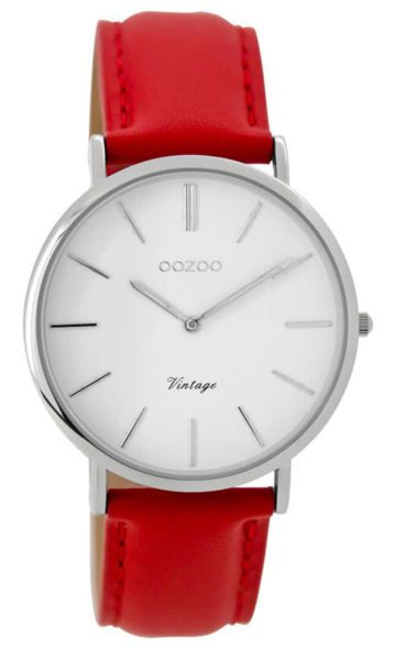 OOZOO C9308 Horloge Vintage staal zilverkleurig-rood 36 mm