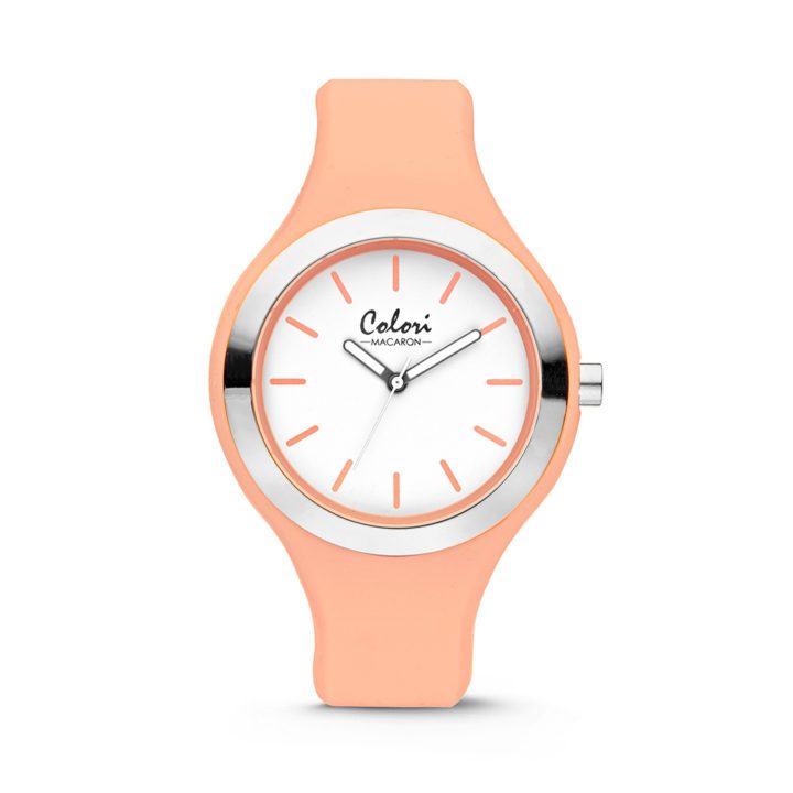 Colori Horloge Macaron staal/siliconen zilverkleurig/perzikoranje 44 mm 5-COL435