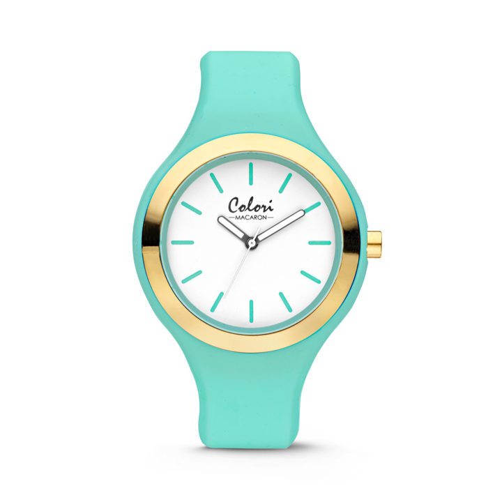 Colori Horloge Macaron staal/siliconen goudkleurig-mintgroen 44 mm 5-COL431