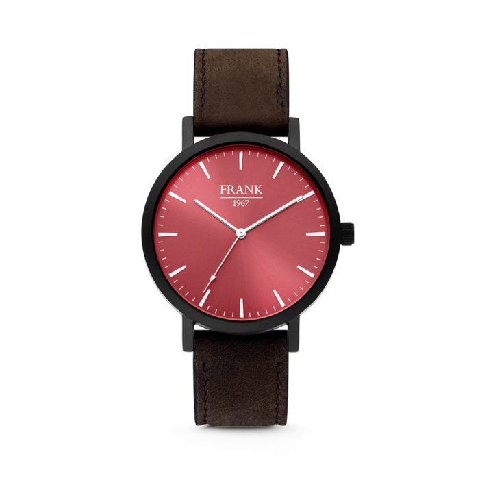 Frank 1967 7FW-0010 - Stalen horloge met lederen band - rood en donkerbruin - Ø 42 mm