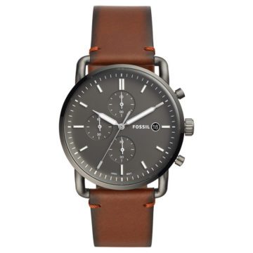 Fossil FS5523 Horloge The Commuter Chrono staal/leder grijs-bruin 42 mm